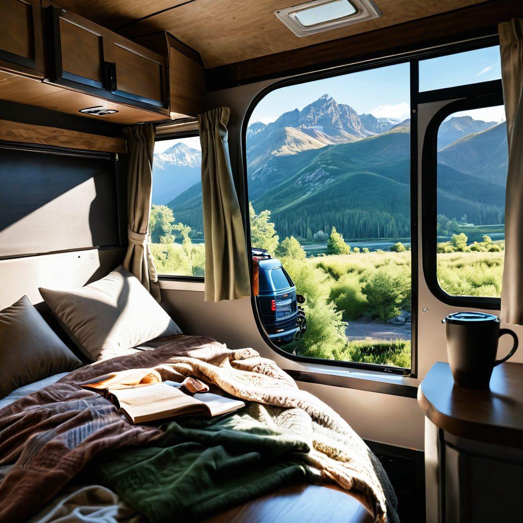 A serene RV interior with a cozy, inviting mattress surrounded by soft pillows and a warm blanket, sunlight streaming through the window, outdoor scenery in the background showing lush greenery and mountains. Include a couple enjoying a coffee to represent comfort and relaxation on the road. super-realistic. vibrant colors. warm tones.