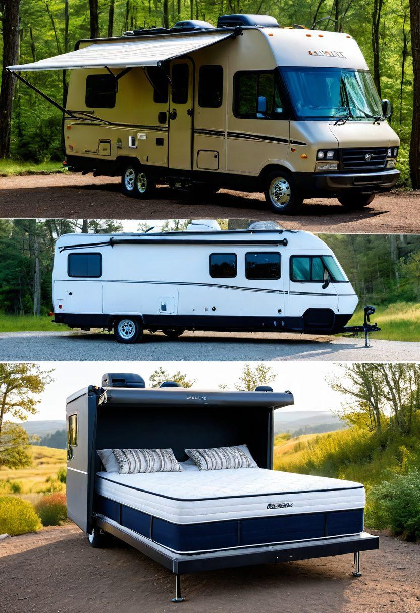 A split-screen image showcasing two distinct RV mattresses: one side featuring a lightweight, minimalist mattress with a camping vibe in an outdoorsy setting, and the other side displaying a plush, luxurious mattress with opulent textures and rich colors inside a cozy, stylish RV interior. Emphasize differences in comfort and style, with labels highlighting 'Lightweight' and 'Luxury'. super-realistic. vibrant colors. 3D.
