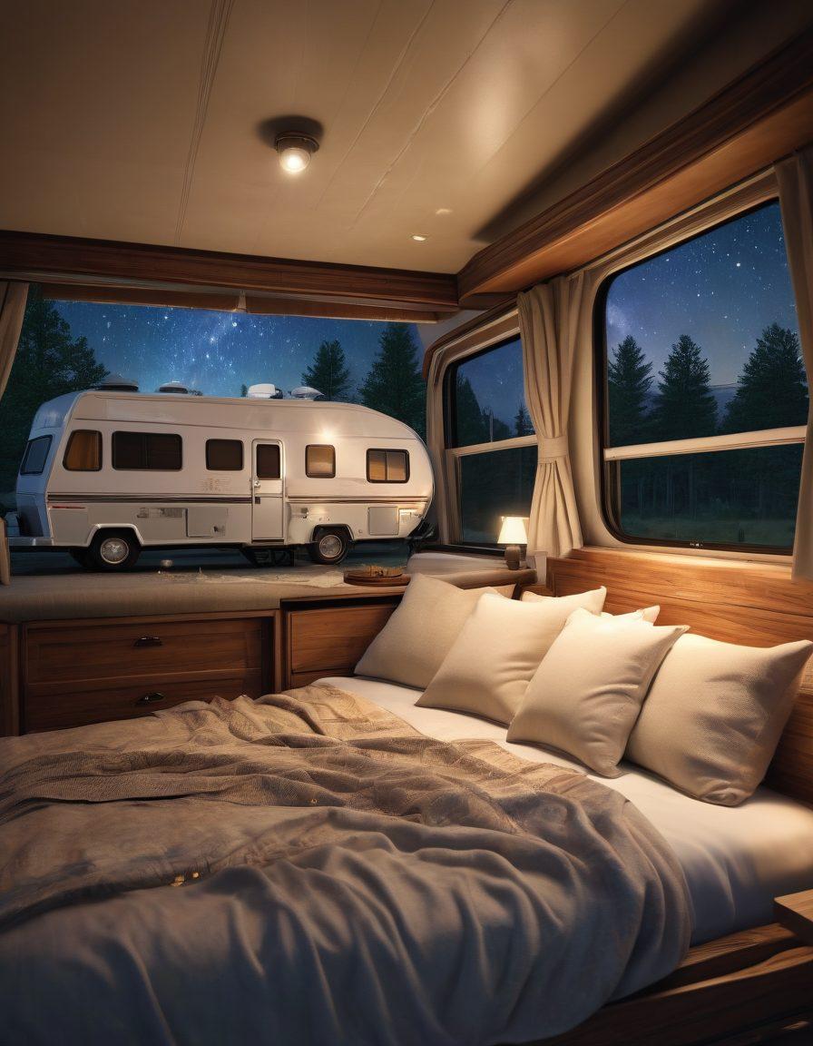 An inviting campground scene featuring a cozy RV interior with a plush, luxurious mattress taking center stage, soft natural light streaming through the windows illuminating fresh linens and a peaceful nature backdrop. Nearby, a campfire crackles, inviting relaxation, and a starry night sky peeks through the window, symbolizing restful nights. super-realistic. warm colors. cozy ambiance.